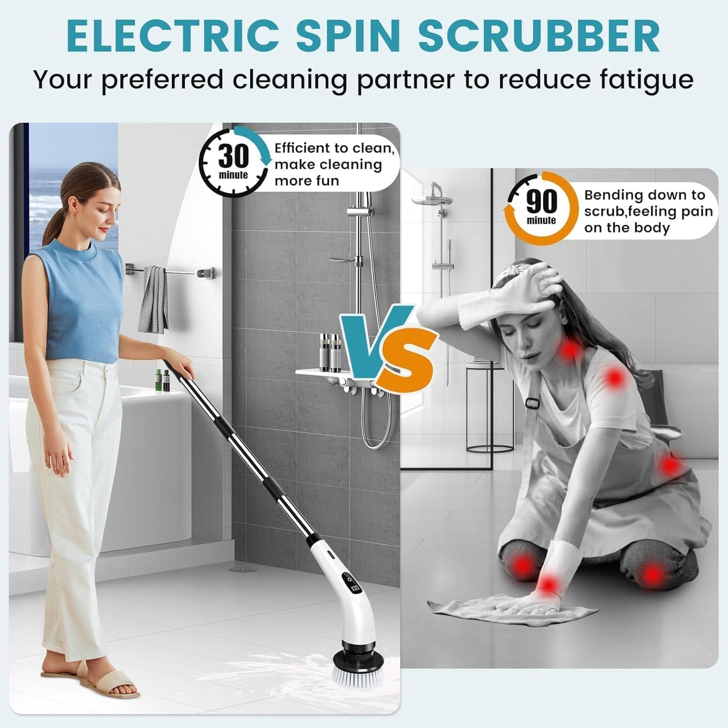Zorill 9 in-1 Electric Spin Scrubber for Bathroom Cleaning with Adjustable Handle | Cordless Rechargeable Power Brush with 9 Replaceable Heads | Floor, Tile, Tub, Kitchen & Wall Cleaner