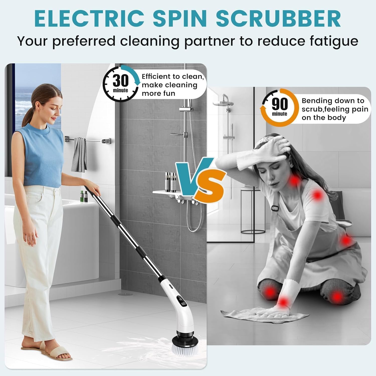 Zorill 9-in-1 Electric Spin Scrubber for Bathroom Cleaning with Adjustable Handle | Cordless Rechargeable Power Brush with 9 Replaceable Heads | Floor, Tile, Tub, Kitchen & Wall Cleaner