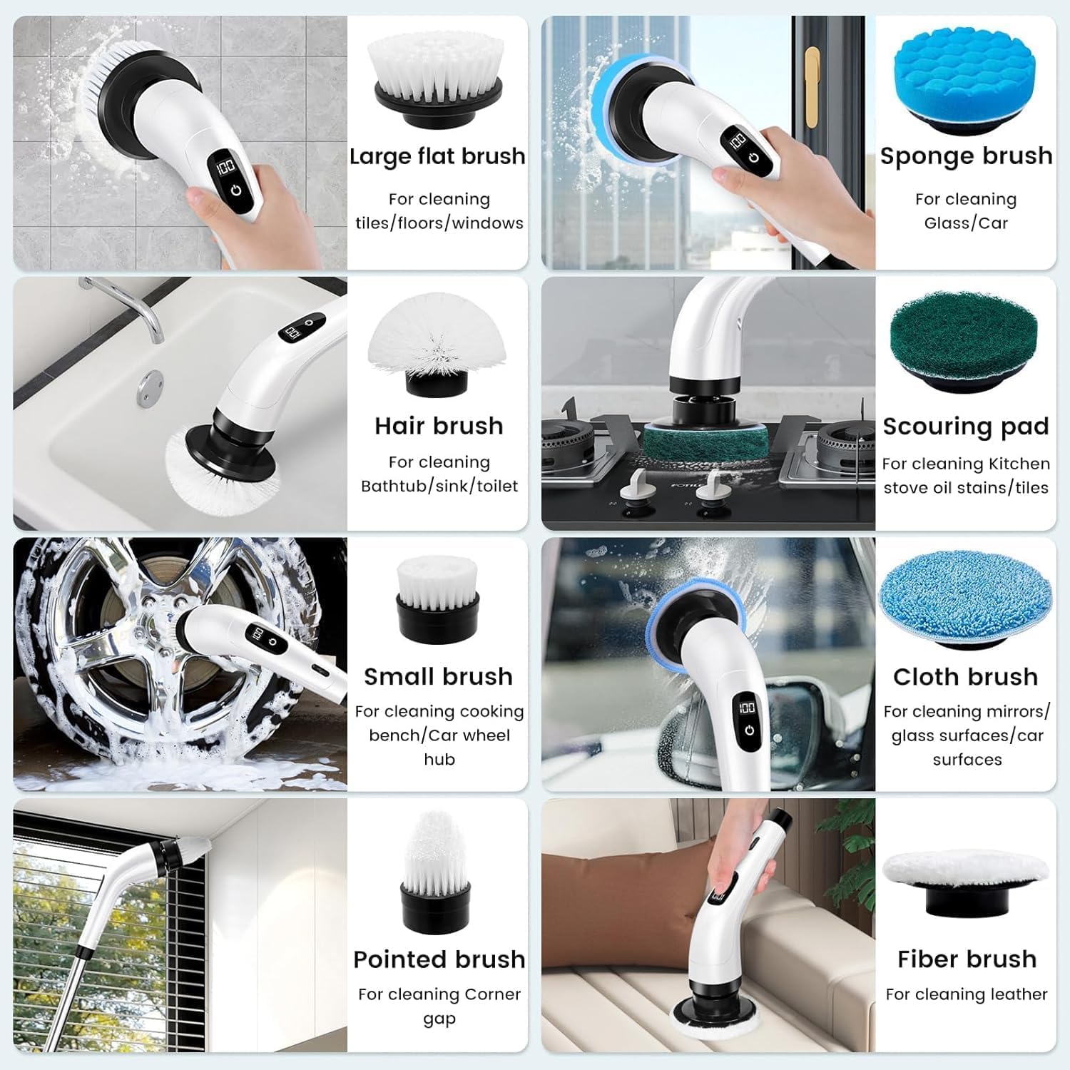 Zorill 9-in-1 Electric Spin Scrubber for Bathroom Cleaning with Adjustable Handle | Cordless Rechargeable Power Brush with 9 Replaceable Heads | Floor, Tile, Tub, Kitchen & Wall Cleaner