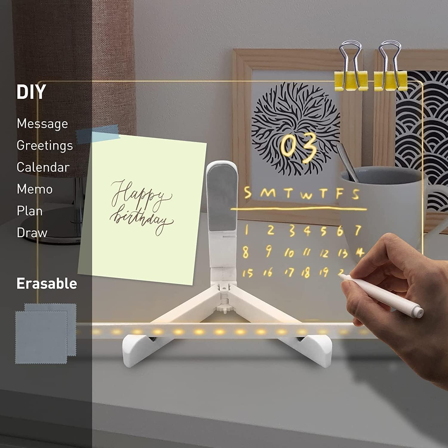 3D LED Acrylic Board, Write & Erase Board with Light and with 13 Coloured Pens (20X30 CM)