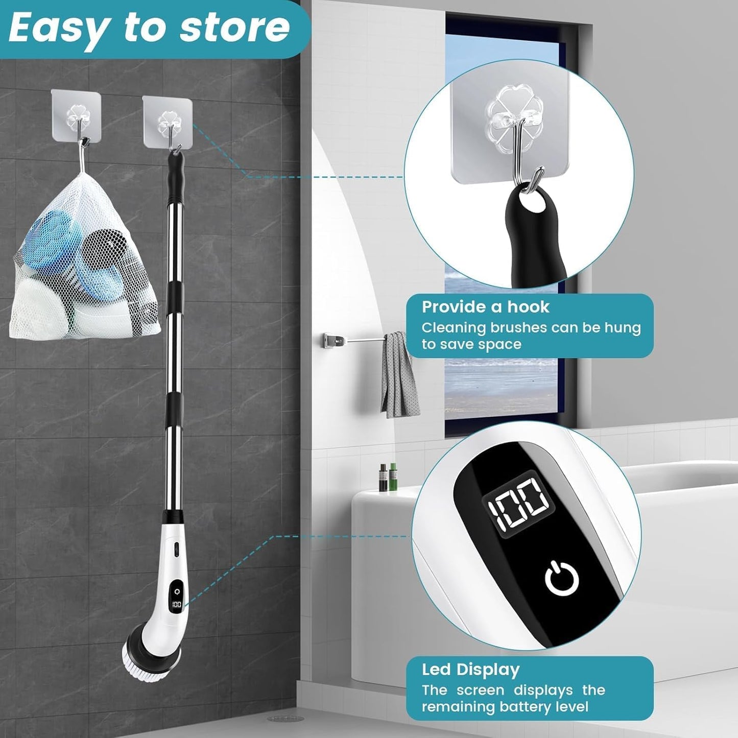 Zorill 9 in-1 Electric Spin Scrubber for Bathroom Cleaning with Adjustable Handle | Cordless Rechargeable Power Brush with 9 Replaceable Heads | Floor, Tile, Tub, Kitchen & Wall Cleaner