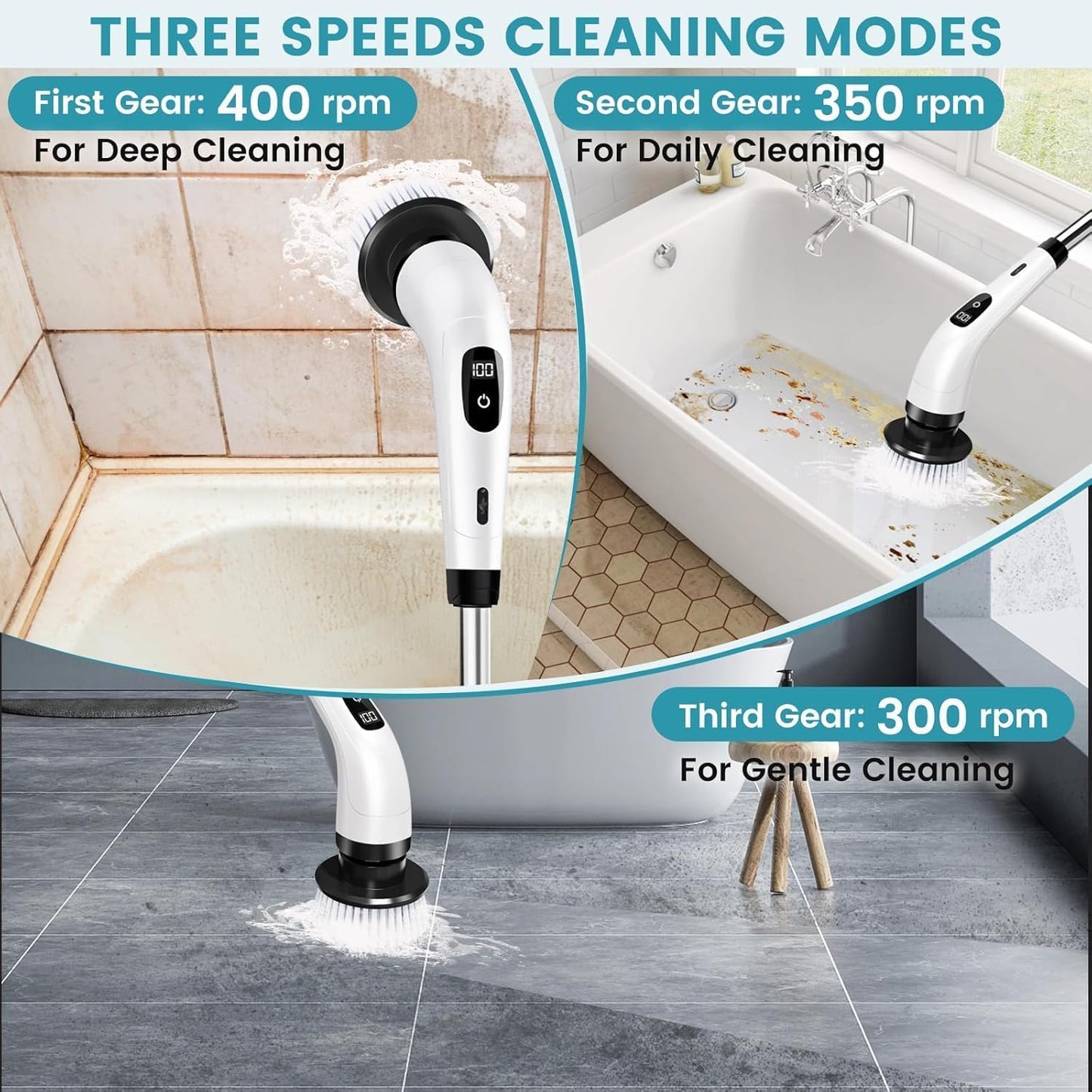 Zorill 9 in-1 Electric Spin Scrubber for Bathroom Cleaning with Adjustable Handle | Cordless Rechargeable Power Brush with 9 Replaceable Heads | Floor, Tile, Tub, Kitchen & Wall Cleaner